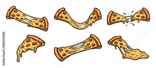 Collection of cartoon pepperoni pizza slices with gooey, stretchy, melting cheese in various dynamic poses, rendered in a fun hand-drawn comic book illustration style