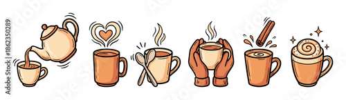 Set of hand-drawn coffee and tea illustrations showing a teapot pouring, a heart steam mug, hands holding a warm cup, and cinnamon and cream toppings in a cozy doodle style