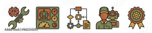 Set of five colorful icons representing automation, robotics, engineering, quality control, and intelligent systems in a flat, modern line-art vector illustration style