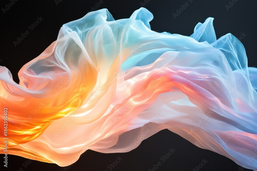 Obraz premium Abstract flowing fabric with vibrant gradients of orange, pink, and blue, illuminated from within, creating a sense of ethereal movement and energy.