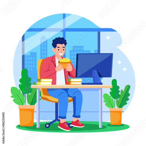 A flat style illustration showing snacking