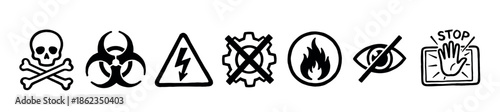 Set of hand-drawn black warning icons including skull and crossbones, biohazard, high voltage, flammable, and stop symbols in a rough sketchy doodle style illustration