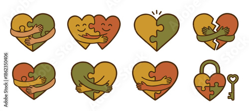 Collection of heart puzzle illustrations symbolizing love and connection, featuring hugging characters, a mended broken heart, and a padlock with a key in a warm, hand-drawn doodle style