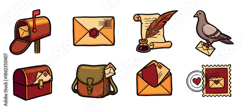Set of vintage postal service icons including a mailbox, envelope, quill pen, carrier pigeon, postbag, and stamp, rendered in a charming hand-drawn cartoon illustration style