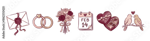 Set of romantic hand-drawn illustrations for Valentine's Day with a love letter, wedding rings, rose bouquet, calendar, chocolate box, and two cute lovebirds in a sketchy style