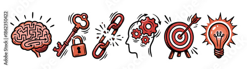 Hand-drawn red and black business concept icons showing a brain maze, key and lock, broken chain, head with gears, target with arrow, and a glowing lightbulb for creative ideas