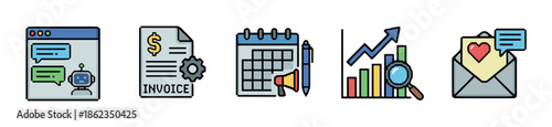 Set of colorful business icons representing chatbot support, invoicing, marketing planning, data analytics, and customer feedback in a simple cartoon line art style