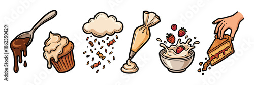 Set of six cartoon dessert illustrations featuring a cupcake, chocolate spoon, piping bag, cake slice, candy rain, and strawberries splashing in cream