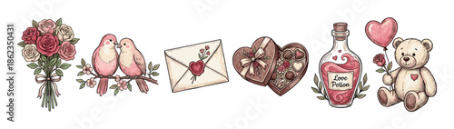 Collection of hand-drawn Valentine's Day illustrations featuring a rose bouquet, lovebirds, a sealed letter, a heart-shaped box of chocolates, a love potion, and a teddy bear
