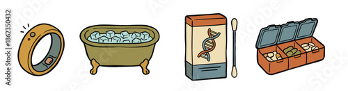 Set of biohacking and wellness illustrations showing a smart ring tracker, an ice bath for cold therapy, a DNA test kit, and a daily pill organizer for health optimization