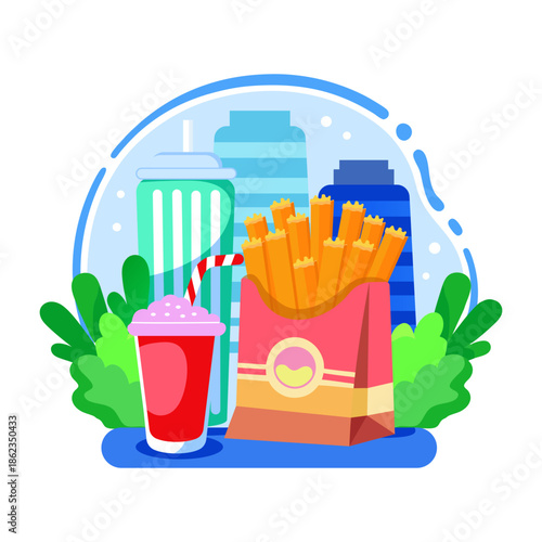 A flat style illustration showing junk food