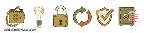Hand-drawn cryptocurrency and security icon set featuring a digital wallet, hardware key, padlock, transaction arrows, shield, and vault for blockchain finance concepts