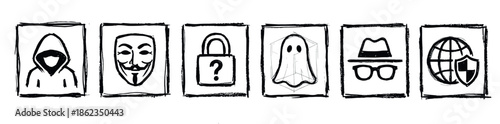 Six hand-drawn cybersecurity and privacy icons in a sketchy black ink style, featuring a hooded hacker, protest mask, padlock, ghost, spy, and shielded globe