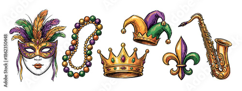 Colorful hand-drawn set of Mardi Gras celebration symbols including a mask, beads, crown, jester hat, saxophone, and fleur-de-lis in a festive sketch style illustration