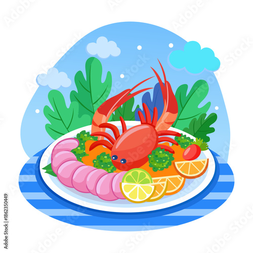Flat style illustration representing seafood platter