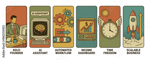 Set of six business concept illustrations showing the journey of a solo founder using an AI assistant and automated workflow to achieve a scalable business and time freedom