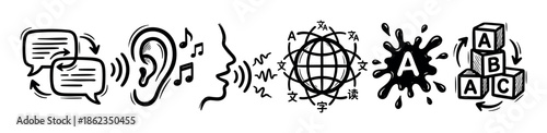 Hand-drawn set of language icons showing communication, listening, speaking, global translation, writing, and learning concepts in a black and white doodle style illustration