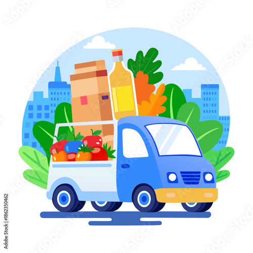 A flat style illustration showing delivery truck