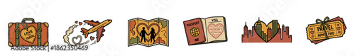 Set of six hand-drawn travel icons with a romantic love theme, including a retro suitcase, airplane, couple on a map, passport, and tickets for a Valentine's Day journey