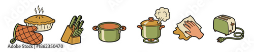 Set of vintage cartoon kitchen appliance illustrations including a steaming pie, oven mitt, knife block, cooking pot, toaster, and a hand wiping a surface in a retro style