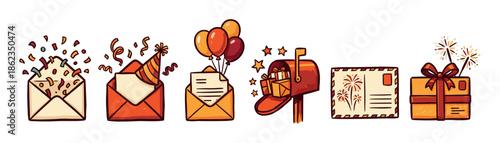 Charming set of six hand-drawn celebration icons showing festive mail, party hats, balloons, gifts, and confetti in a warm, joyful cartoon illustration style