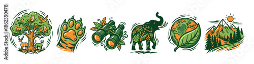 Set of six nature conservation illustrations featuring a tree of life, tiger paw, binoculars, elephant, planet earth, and mountain landscape in a hand-drawn vintage style