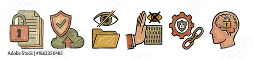 Set of hand-drawn cybersecurity icons representing data privacy, secure cloud storage, confidential documents, and intellectual property protection in a sketchy, illustrative style