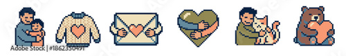 Pixel art collection of love and affection icons featuring a parent hugging a child, a warm sweater, a love letter, and a bear with a heart in a retro 8-bit video game style