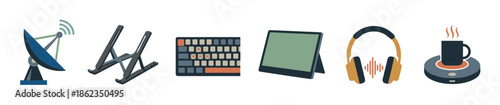 Set of technology and office work icons including a satellite dish, laptop stand, keyboard, tablet, headphones, and coffee mug warmer in a flat design vector style