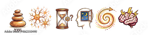 Set of six hand-drawn conceptual icons illustrating psychological states from zen meditation and neuron function to stress, imagination, time, and mental process flow