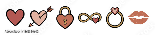 Collection of hand-drawn romantic love symbols including a heart, arrow, padlock, infinity sign, ring, and lips in a charming doodle style with muted earthy colors