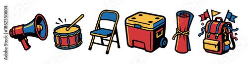 Set of six colorful illustrated items for an event includes a megaphone, drum, folding chair, cooler, banner, and backpack in a bold graphic style with thick outlines