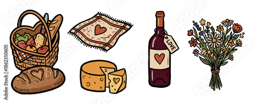 Charming set of hand-drawn picnic illustrations featuring a heart-shaped basket, red wine, cheese, bread, a blanket, and a wildflower bouquet for a romantic date