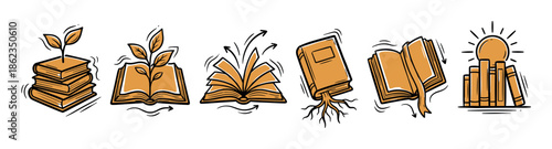Collection of six orange book illustrations in a hand-drawn sketch style representing concepts of education, wisdom, personal growth, and the power of knowledge and ideas