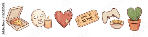Set of hand-drawn self-care icons featuring a pizza slice, face mask, candle, patched heart, me-time ticket, game controller, and cactus for promoting mental wellness and relaxation