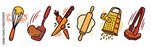 Set of colorful hand-drawn kitchen utensils showing various cooking actions like whisking, flipping, chopping, rolling, grating, and grilling in a fun doodle style
