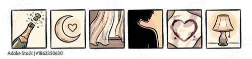 Hand-drawn graphic novel illustration telling a passionate love story in six panels with champagne, a moon with a heart, a silhouette, a wine stain, and a bedside lamp