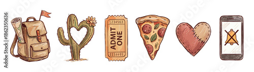 Set of six hand-drawn lifestyle icons including a backpack, cactus, ticket, pizza, heart, and smartphone, rendered in a charming, warm watercolor sketch style