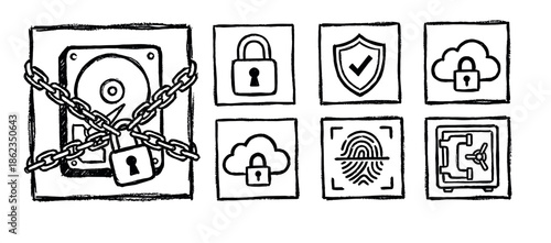 Hand-drawn icon set for data security featuring a chained hard drive, padlock, shield, cloud lock, fingerprint, and safe, all rendered in a black and white doodle style