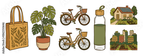 Collection of hand-drawn sustainable living icons including a reusable bag, bicycle, solar panel house, urban garden, and water bottle, representing an eco friendly lifestyle