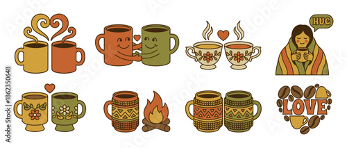 Set of retro coffee mug illustrations in a groovy 70s style showing love, warmth, and comfort with cute characters, hearts, and cozy campfire scenes for a romantic vibe