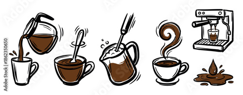 Hand-drawn set of coffee illustrations showing various brewing and preparation methods like pouring, stirring, frothing, and using an espresso machine in a sketchy doodle style