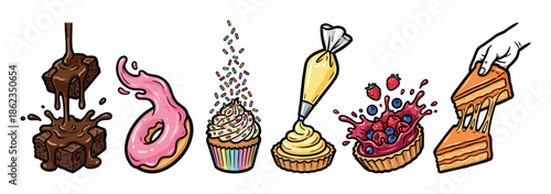 Collection of colorful dessert food illustrations featuring a chocolate brownie, pink donut, cupcake with sprinkles, berry tart, and a slice of gooey cake in a pop art style