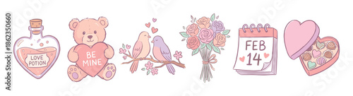 Set of cute hand-drawn Valentine's Day icons including a love potion, teddy bear, lovebirds, rose bouquet, calendar, and a heart-shaped box of chocolates in a pastel color palette