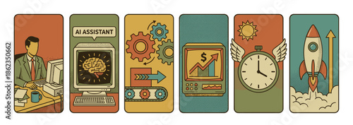 Set of six retro business concept icons showing a workflow with a businessman, AI assistant, automation, financial growth chart, winged clock, and a successful rocket launch
