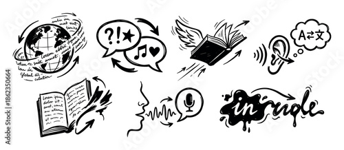 Collection of black hand-drawn doodle icons representing communication, language, and learning concepts like global translation, reading, speaking, and listening in a sketchy monochrome style