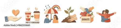 Collection of kindness and charity illustrations depicting support, donation, love, and community help in a warm, earthy color palette with a charming paper cutout style