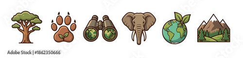 Set of nature and wildlife conservation icons featuring a tree, paw print, binoculars, elephant, planet earth, and mountain range in a cute cartoon illustration style for ecology concepts