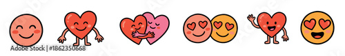 Set of six cute romantic characters including smiling faces with heart eyes and hugging hearts, a charming doodle-style vector illustration showing love and affection
