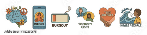 Set of six mental health and wellness icons showing meditation, burnout, therapy chat, teen support, and breathing exercises in a hand-drawn, retro cartoon illustration style